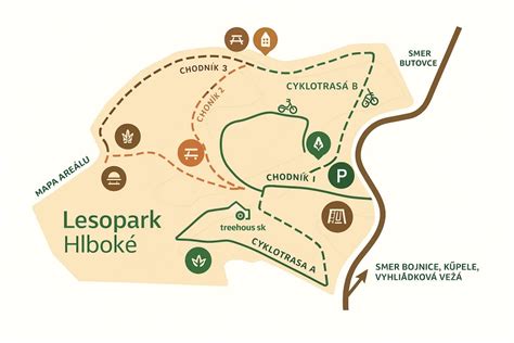 Mapa Lesoparku Prievidza s vyznačenými vstupmi a hlavnými atrakciami