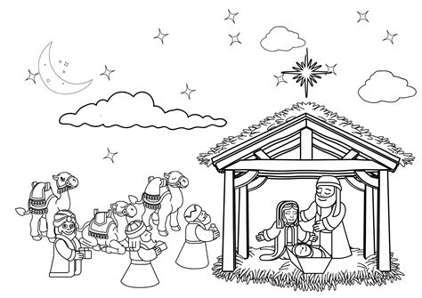 Ilustrácia zobrazujúca scénu narodenia Ježiška v maštali s Máriou, Jozefom a zvieratami.
