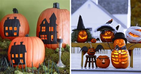 Koláž rôznych halloweenskych tekvíc s rôznymi motívmi: strašidelné tváre, zvieratá, domčeky.