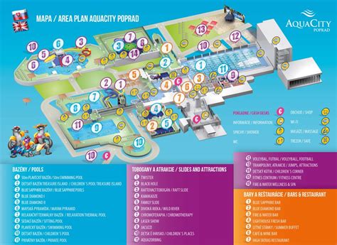 Informatívna mapa areálu AquaCity Poprad s vyznačenými zónami bazénov a wellness